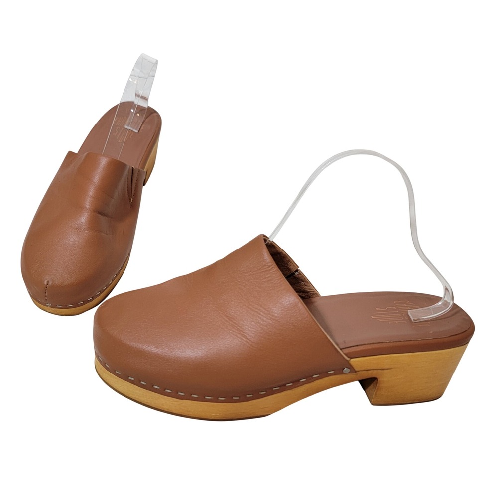 Charlotte Stone Martino Luggage Tan Brown Leather Wood Block Heel Clog size 13